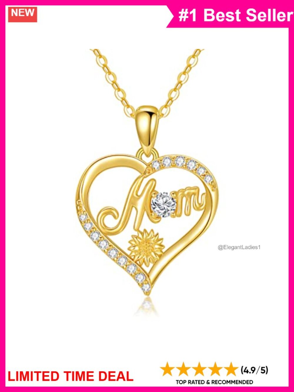 14K Yellow Gold Heart Mom Pendant Necklace Moissanite 16-18"